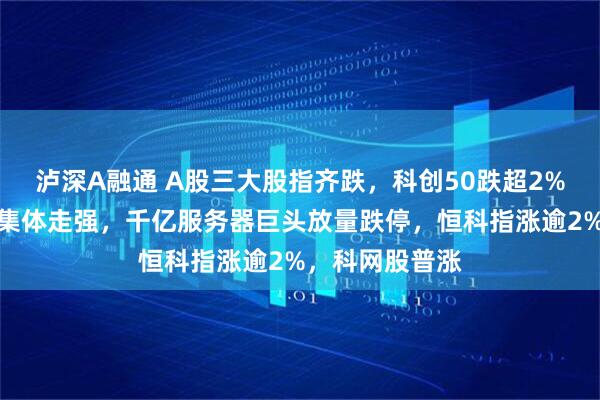 泸深A融通 A股三大股指齐跌，科创50跌超2%，猪肉、白酒集体走强，千亿服务器巨头放量跌停，恒科指涨逾2%，科网股普涨